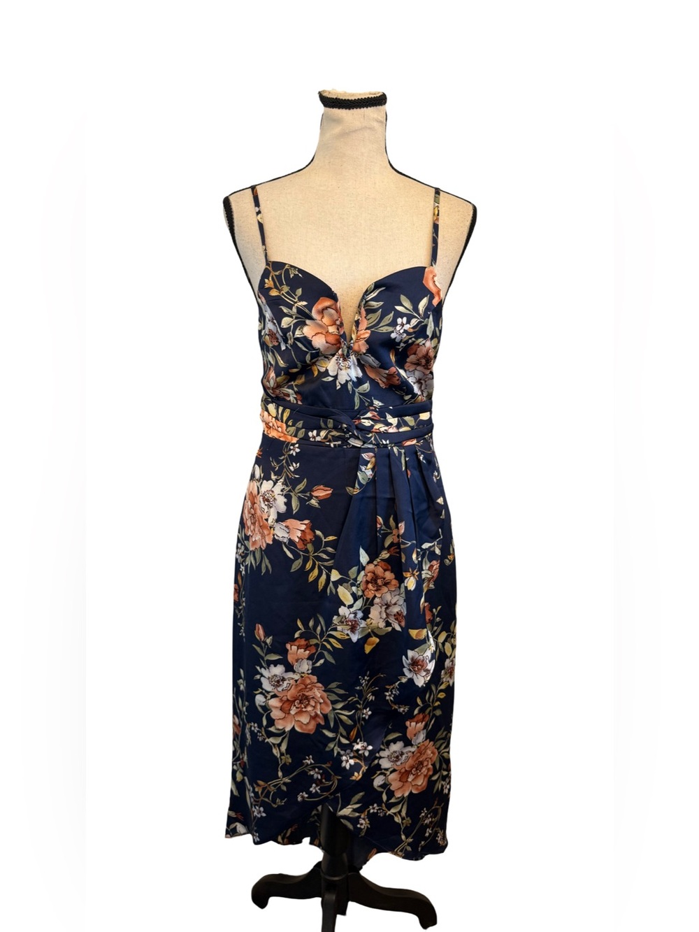 Lulus Navy Floral Satin Maxi Dress Small NWT High Low Wedding Guest
